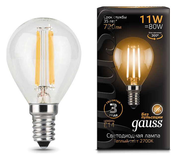 Лампа светодиодная Gauss LED Filament E14 11Вт 2700K 105801111 | Gauss GA105801111