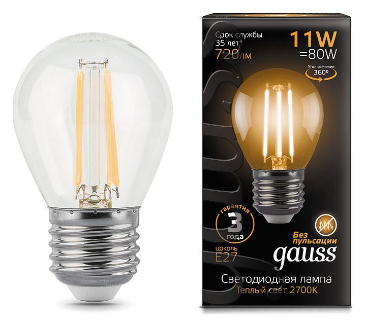 Лампа светодиодная Gauss LED Filament E27 11Вт 2700K 105802111 | Gauss GA105802111