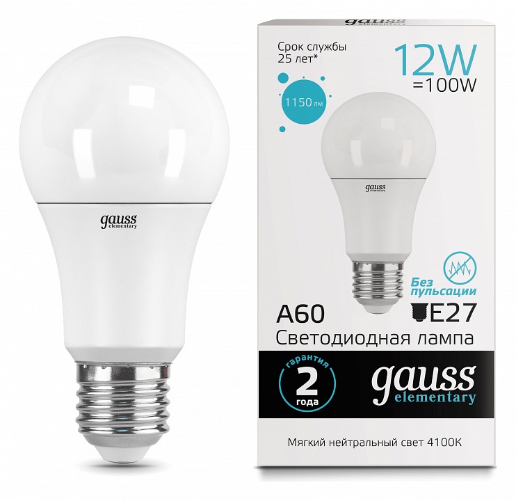 Лампа светодиодная Gauss  E27 12Вт 4100K 23222 | Gauss GA23222