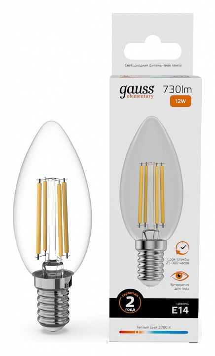 Лампа светодиодная Gauss Filament Elementary E14 12Вт 2700K 32112 | Gauss GA32112