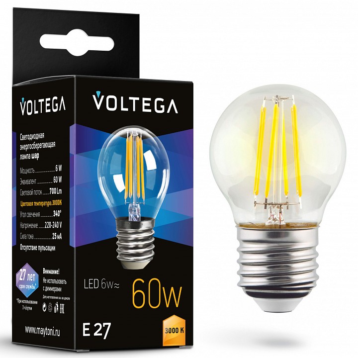 Лампа светодиодная Voltega Globe E27 6W E27 6Вт 3000K 7215 | Voltega VLG7215