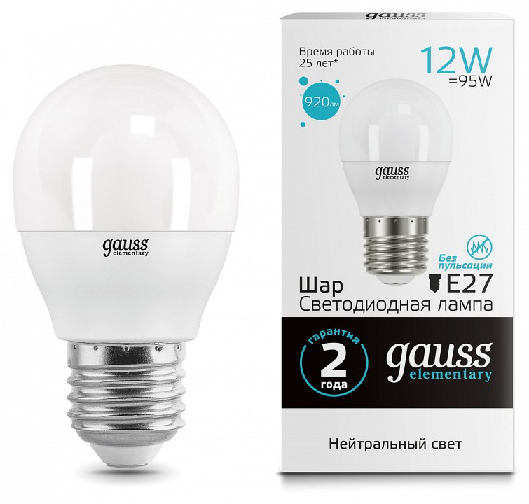 Лампа светодиодная Gauss LED Elementary E27 12Вт 4100K 53222 | Gauss GA53222
