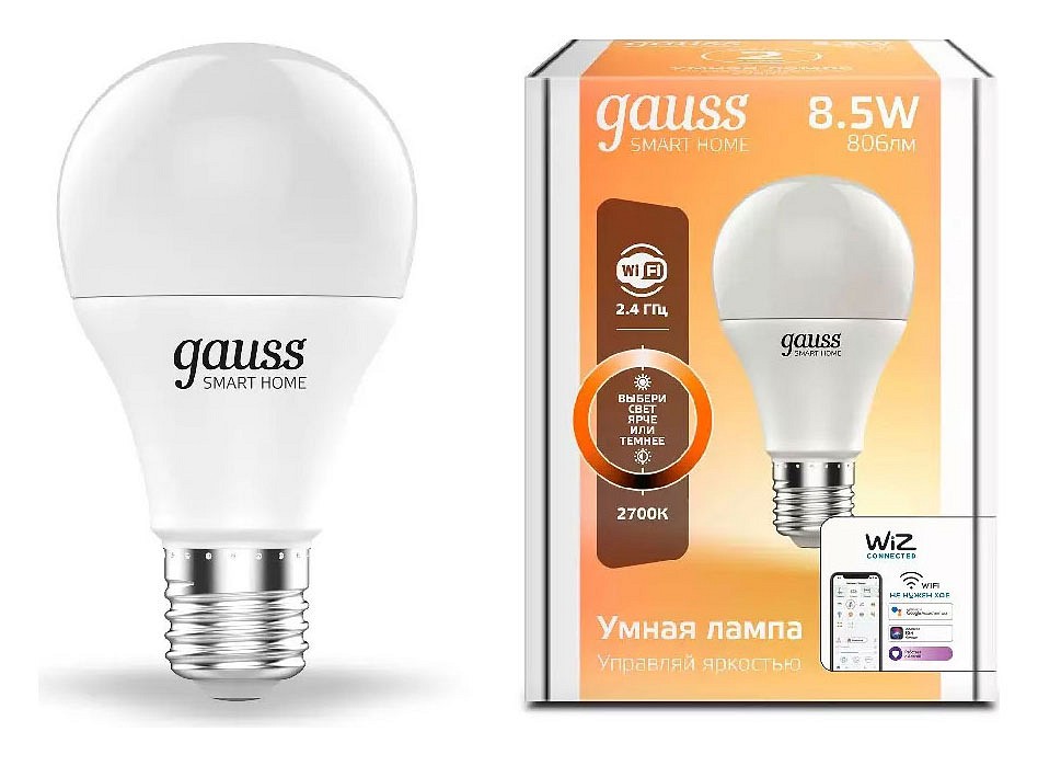 Лампа светодиодная с управлением через Wi-Fi Gauss Smart Home E27 8.5Вт 2700K 1050112 | Gauss GA1050112