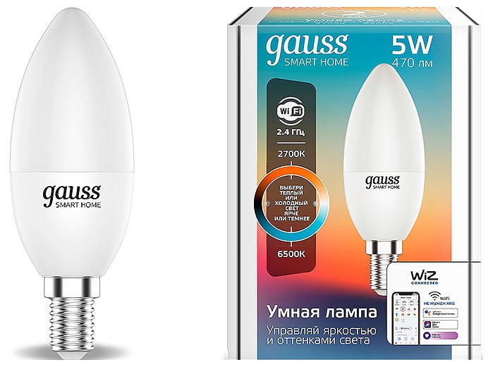 Лампа светодиодная с управлением через Wi-Fi Gauss Smart Home E14 5Вт 2700-6500K 1110112 | Gauss GA1110112