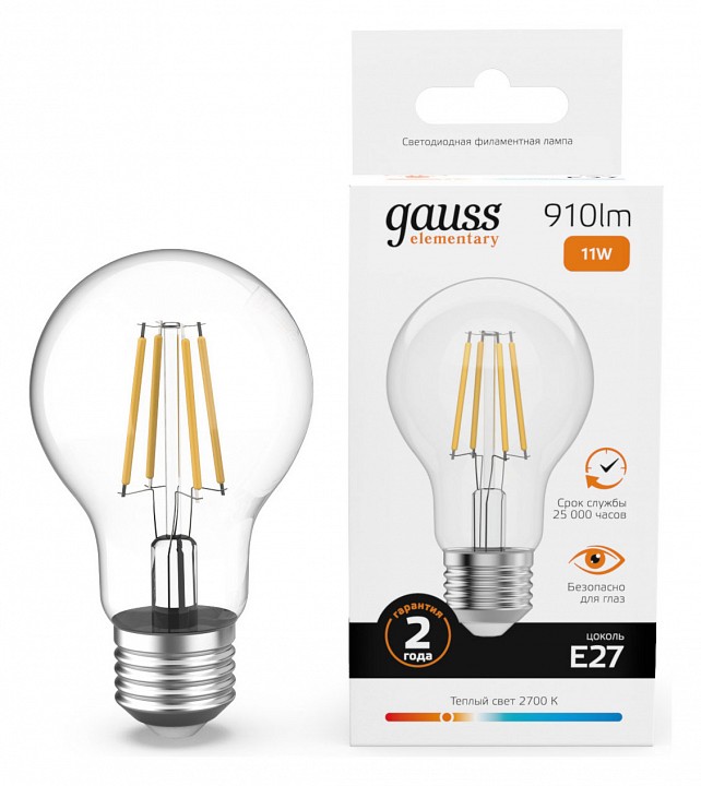 Лампа светодиодная Gauss Filament Elementary E27 11Вт 2700K 22211 | Gauss GA22211