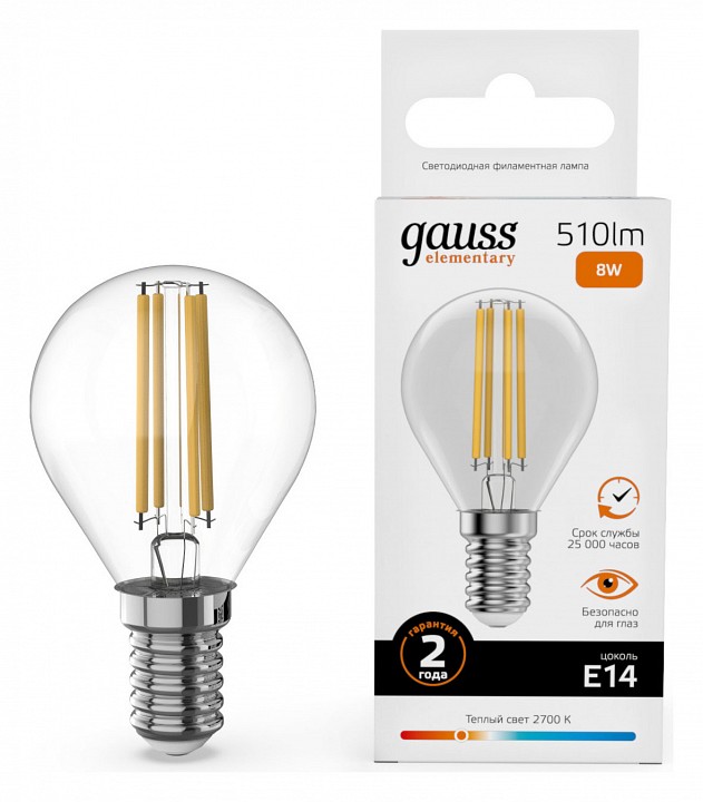 Лампа светодиодная Gauss Filament Elementary E14 8Вт 2700K 52118 | Gauss GA52118