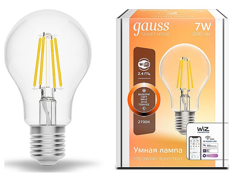 Лампа светодиодная с управлением через Wi-Fi Gauss Smart Home E27 7Вт 2700K 1200112 | Gauss GA1200112