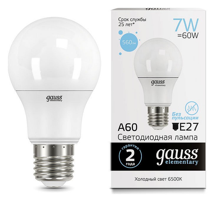 Лампа светодиодная Gauss Led Elementary A60 E27 7Вт 6500K 23237A | Gauss GA23237A