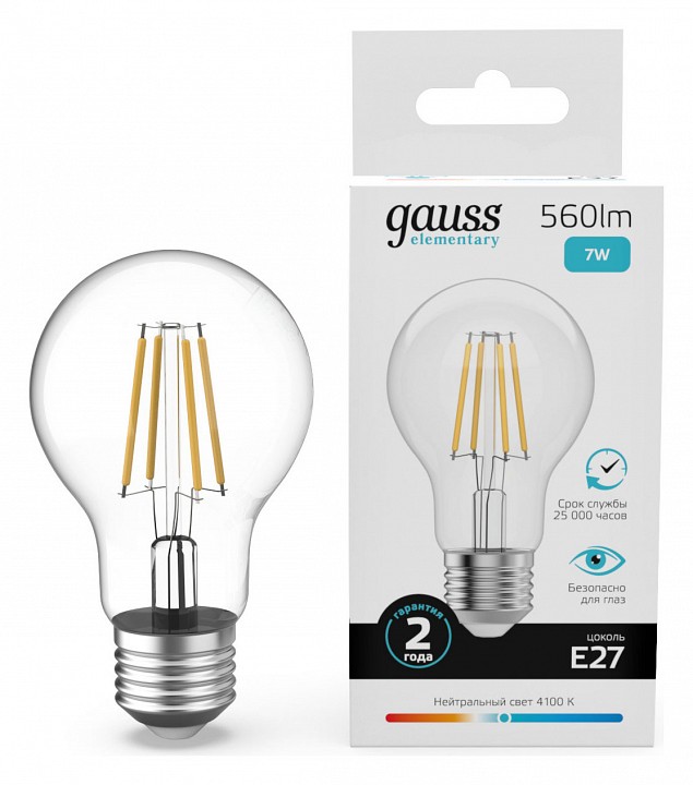 Лампа светодиодная Gauss Filament Elementary E27 7Вт 4100K 22227 | Gauss GA22227