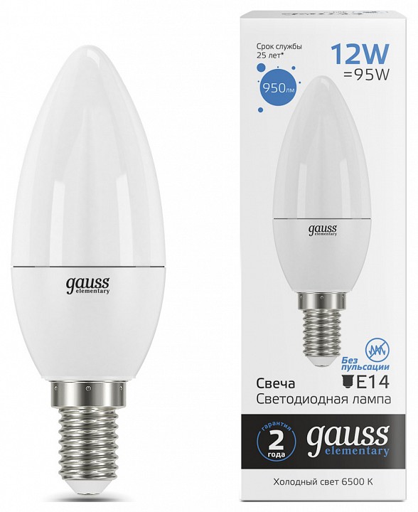Лампа светодиодная Gauss Elementary E14 12Вт 6500K 33132 | Gauss GA33132
