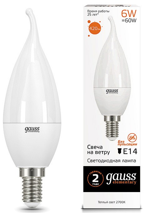 Лампа светодиодная Gauss Led Elementary Candle Tailed E14 6Вт 3000K 34116 | Gauss GA34116