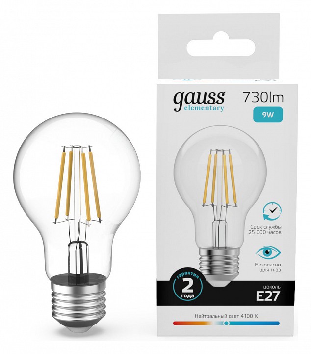 Лампа светодиодная Gauss Filament Elementary E27 9Вт 4100K 22229 | Gauss GA22229
