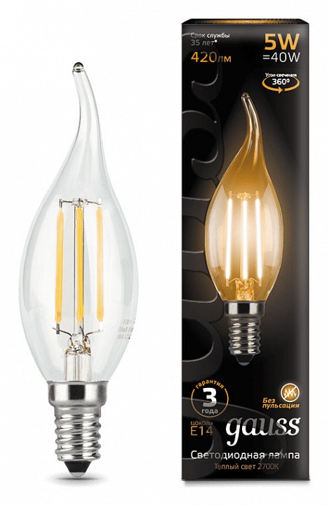 Лампа светодиодная Gauss LED Filament E14 5Вт 2700K 104801105 | Gauss GA104801105