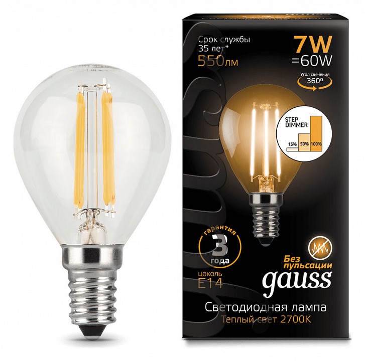 Лампа светодиодная Gauss LED Filament Globe E14 7Вт 2700K 105801107-S | Gauss GA105801107_S