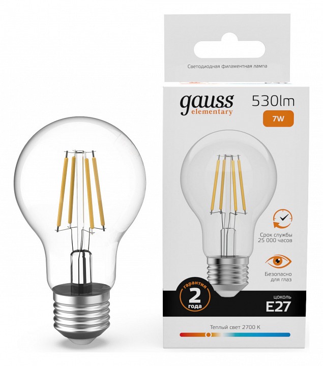 Лампа светодиодная Gauss Filament Elementary E27 7Вт 2700K 22217 | Gauss GA22217