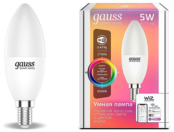 Лампа светодиодная с управлением через Wi-Fi Gauss Smart Home E14 5Вт 2700-6500K 1190112 | Gauss GA1190112