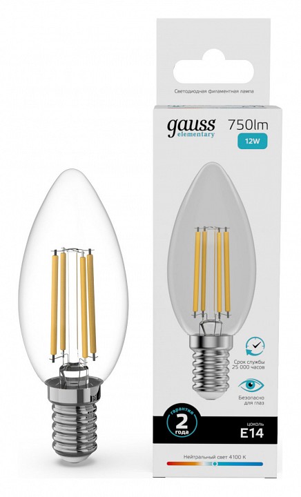 Лампа светодиодная Gauss Filament Elementary E14 12Вт 4100K 32122 | Gauss GA32122