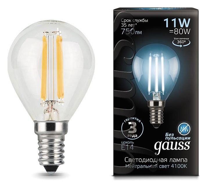Лампа светодиодная Gauss LED Filament E14 11Вт 4100K 105801211 | Gauss GA105801211