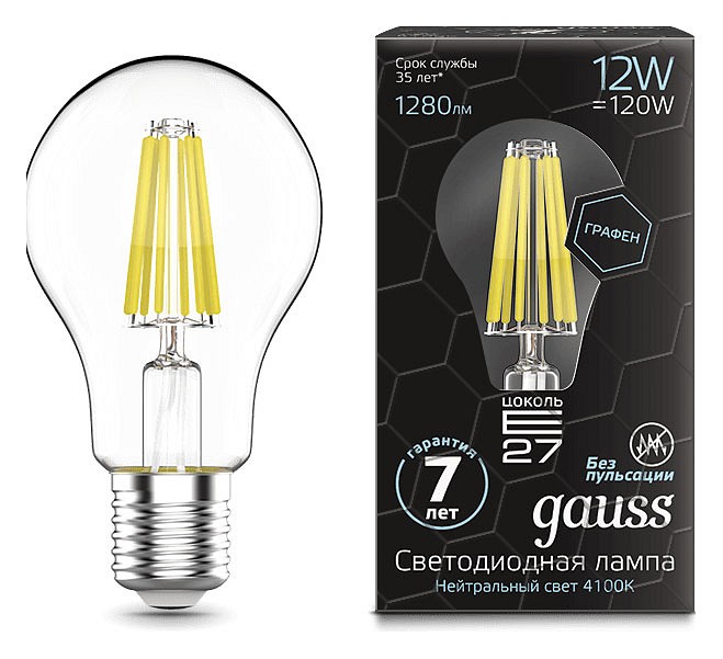 Лампа светодиодная Gauss LED Filament Graphene E27 12Вт 4100K 102802212 | Gauss GA102802212