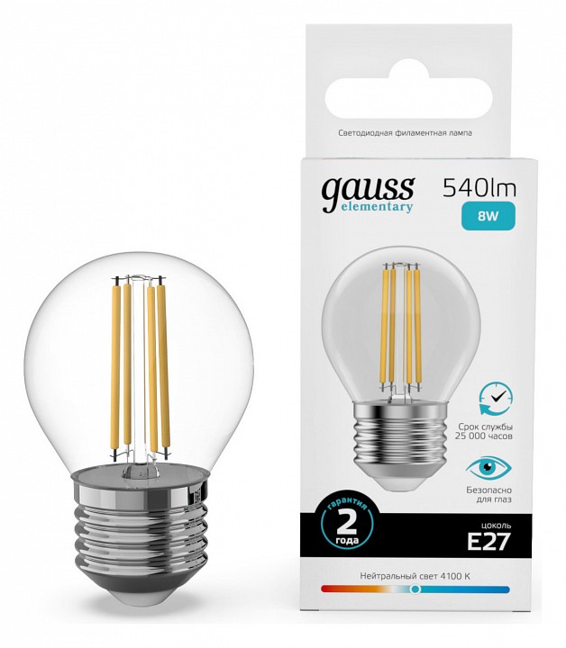 Лампа светодиодная Gauss Filament Elementary E27 8Вт 4100K 52228 | Gauss GA52228