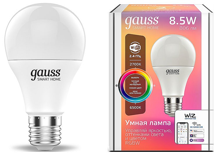 Лампа светодиодная с управлением через Wi-Fi Gauss Smart Home E27 8.5Вт 2700-6500K 1170112 | Gauss GA1170112