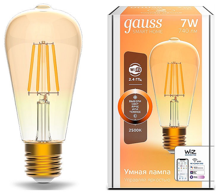 Лампа светодиодная с управлением через Wi-Fi Gauss Smart Home E27 7Вт 2500K 1290112 | Gauss GA1290112