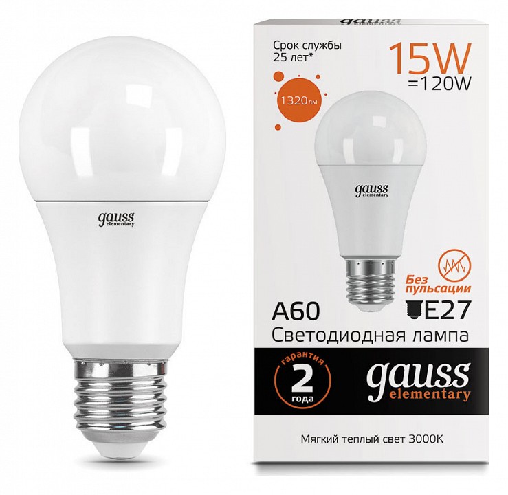 Лампа светодиодная Gauss Led Elementary A60 E27 15Вт 3000K 23215 | Gauss GA23215