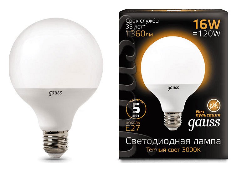 Лампа светодиодная Gauss LED G95 E27 16Вт 3000K 105102116 | Gauss GA105102116