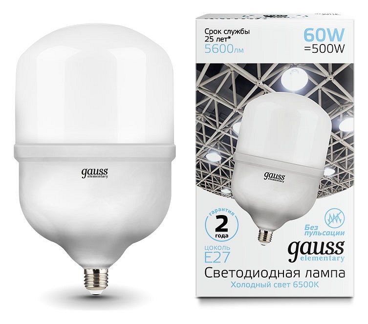 Лампа светодиодная Gauss Elementary LED T160 E27 60Вт 6500K 63236 | Gauss GA63236
