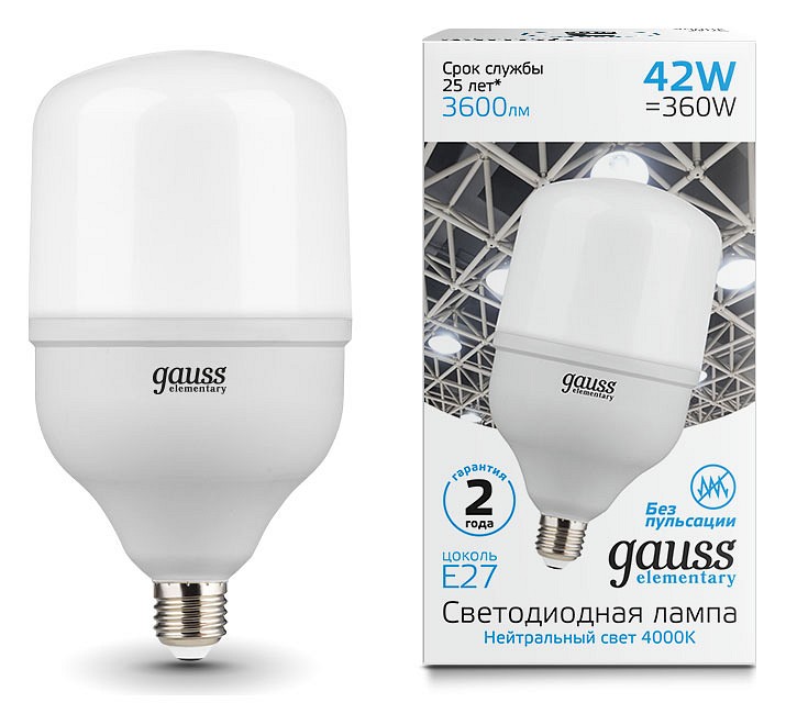 Лампа светодиодная Gauss Elementary LED T120 E27 42Вт 4000K 63224 | Gauss GA63224